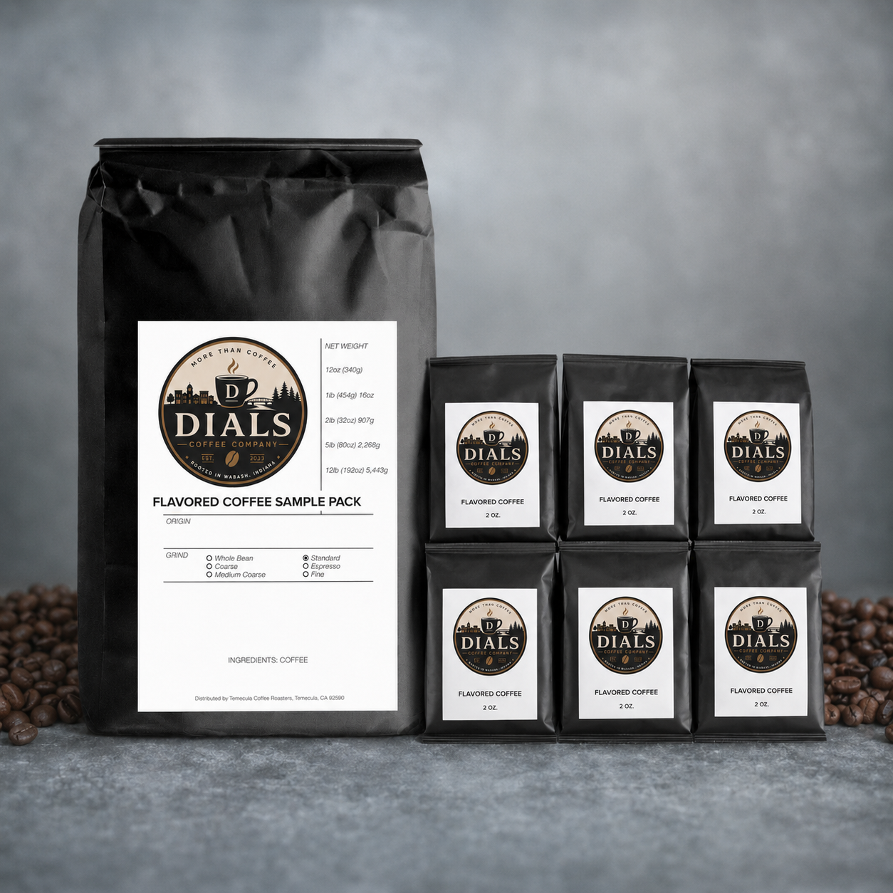Dials Coffee Company Flavored Coffee Sample Pack with six 2-ounce coffee packets