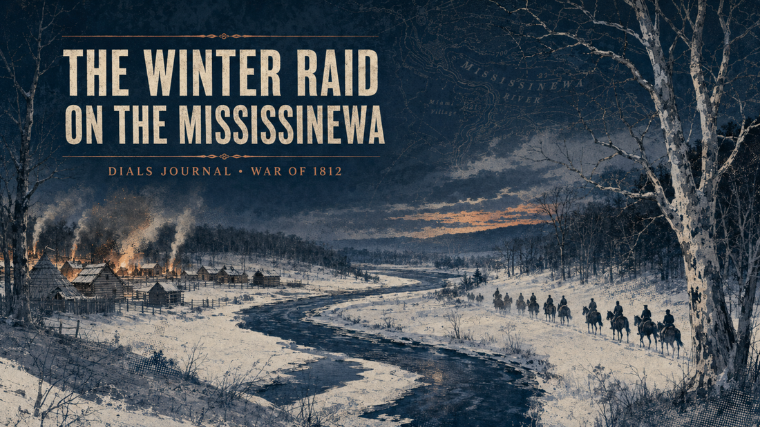 Modern Dials Journal editorial illustration of the snow-covered Mississinewa River valley in December 1812, with distant burning village buildings and mounted troops; not a historical photograph