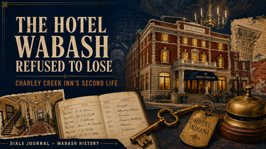Modern Dials Journal editorial illustration of Charley Creek Inn, formerly Hotel Indiana, with a 1920 hotel key, guest ledger, restored façade, and the title The Hotel Wabash Refused to Lose.