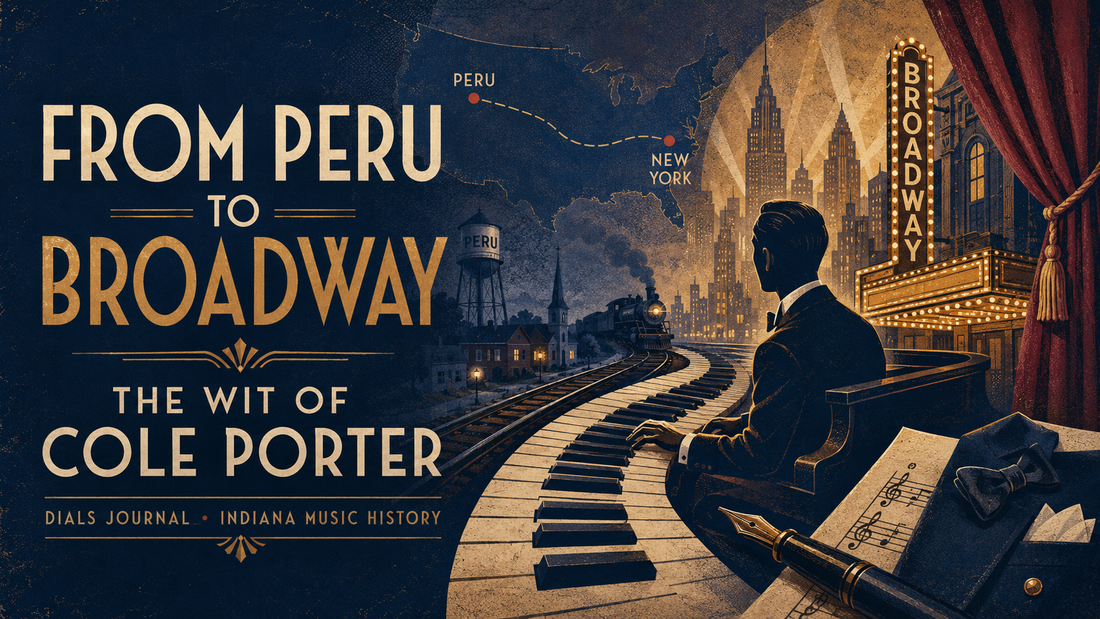 Modern Dials Journal editorial illustration titled From Peru to Broadway, showing piano keys becoming railroad tracks between Peru, Indiana and New York