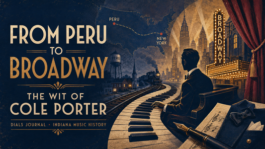 Modern Dials Journal editorial illustration titled From Peru to Broadway, showing piano keys becoming railroad tracks between Peru, Indiana and New York