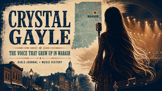 Modern Dials Journal editorial illustration of a long-haired country singer in silhouette beside a vintage microphone, with Wabash marked on an Indiana map.