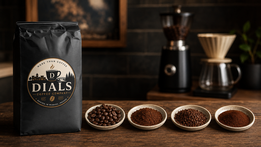 Dials Coffee Company black coffee bag beside whole beans and four coffee grind sizes