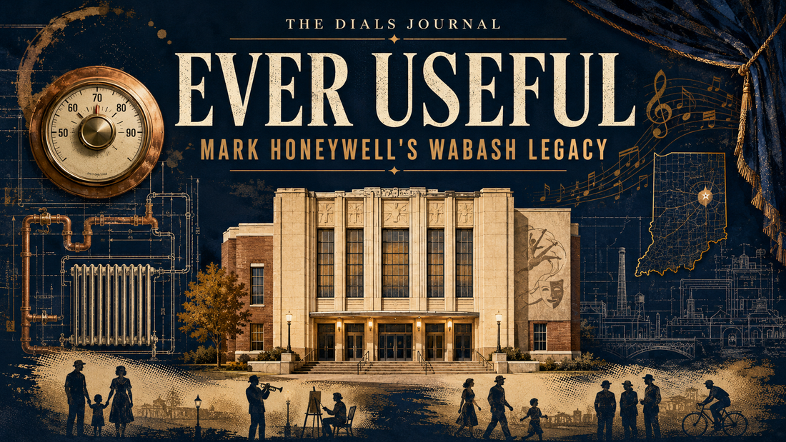 Modern Dials Journal editorial illustration titled Ever Useful: Mark Honeywell's Wabash Legacy, featuring a civic arts center, thermostat, heating pipes, Indiana map, and community silhouettes