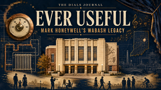 Modern Dials Journal editorial illustration titled Ever Useful: Mark Honeywell's Wabash Legacy, featuring a civic arts center, thermostat, heating pipes, Indiana map, and community silhouettes