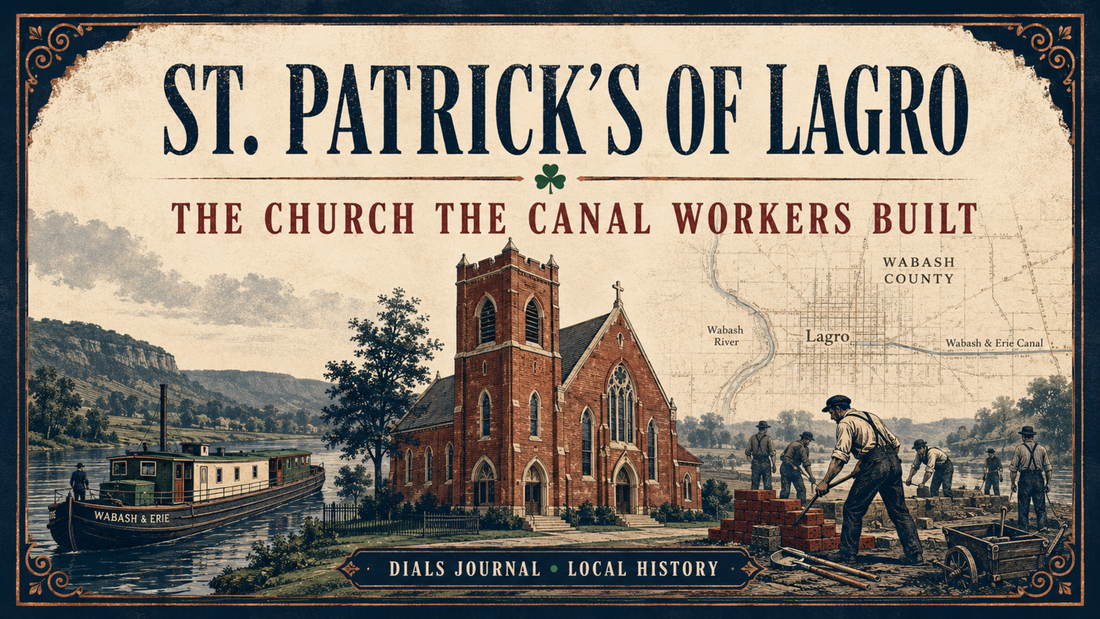 Modern Dials Journal editorial illustration titled St. Patrick’s of Lagro: The Church the Canal Workers Built, showing a Victorian Gothic brick church, canal boat, bricks, and immigrant laborers