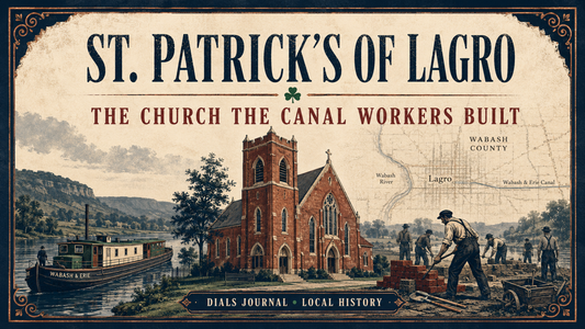 Modern Dials Journal editorial illustration titled St. Patrick’s of Lagro: The Church the Canal Workers Built, showing a Victorian Gothic brick church, canal boat, bricks, and immigrant laborers
