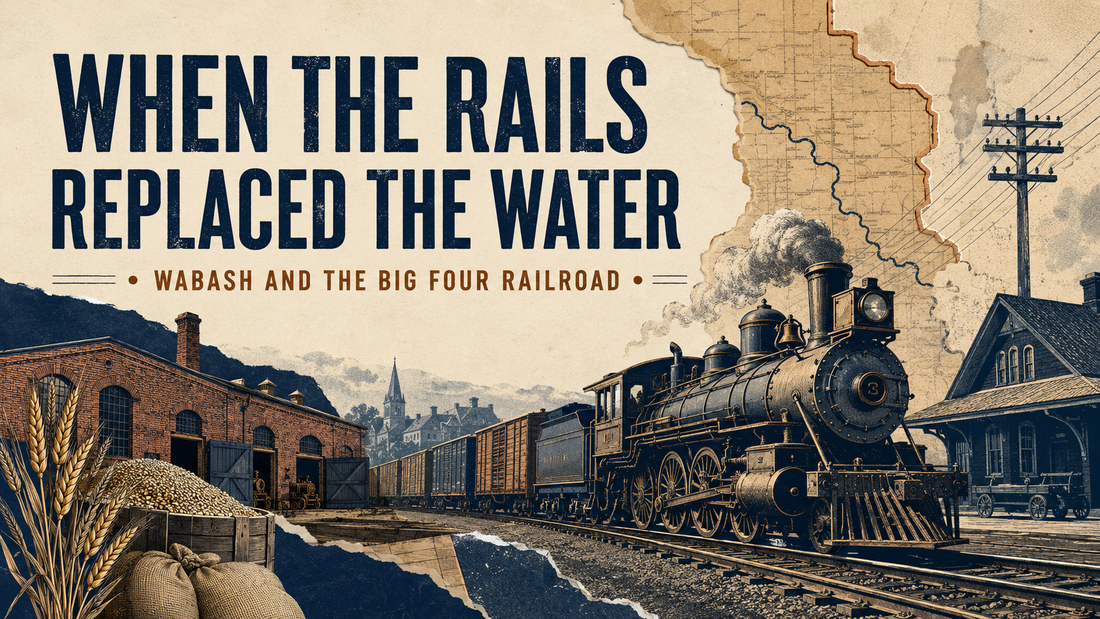 Modern Dials Journal editorial collage titled When the Rails Replaced the Water, showing a steam locomotive, railroad shops, freight cars, telegraph lines, wheat, and a map of Indiana
