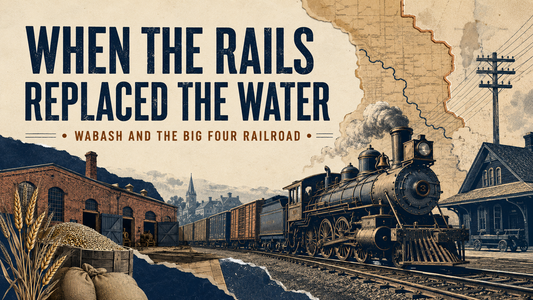 Modern Dials Journal editorial collage titled When the Rails Replaced the Water, showing a steam locomotive, railroad shops, freight cars, telegraph lines, wheat, and a map of Indiana