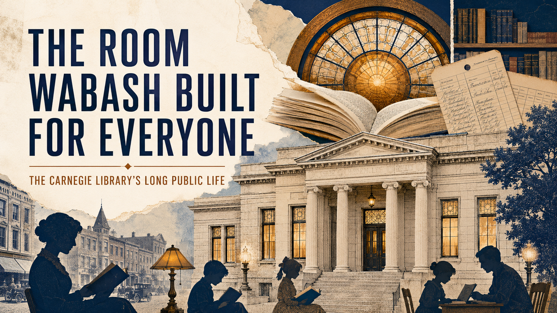 Modern Dials Journal editorial collage titled The Room Wabash Built for Everyone, featuring a limestone Carnegie library, stained-glass dome, open book, historic ledger cards, and readers
