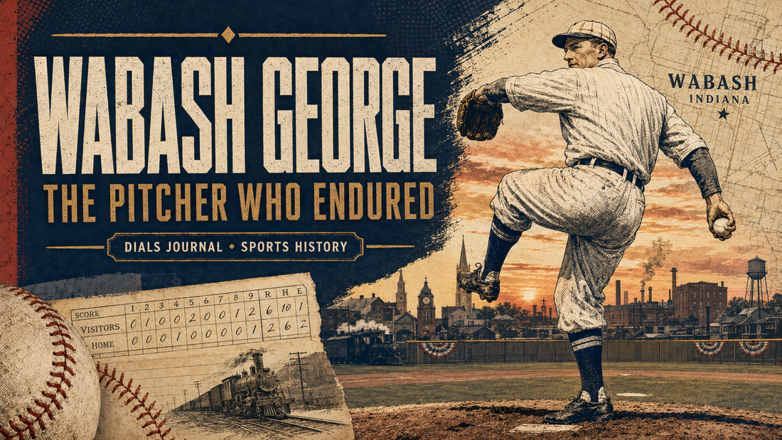 Modern Dials Journal editorial illustration of an early-1900s pitcher with Wabash, Indiana imagery and the title Wabash George: The Pitcher Who Endured
