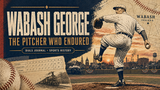 Modern Dials Journal editorial illustration of an early-1900s pitcher with Wabash, Indiana imagery and the title Wabash George: The Pitcher Who Endured