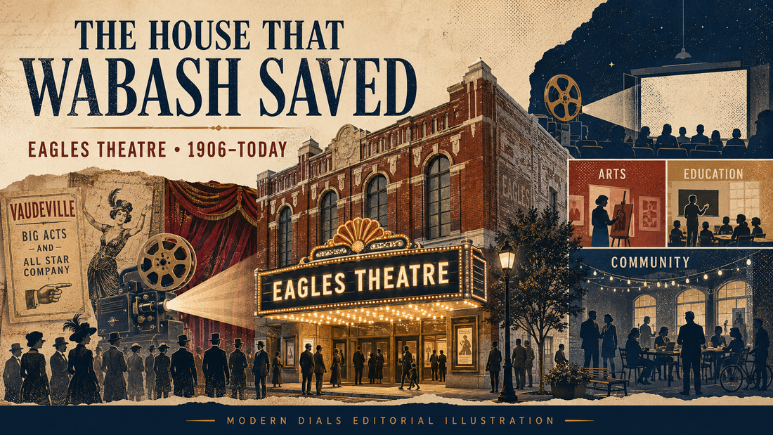 Modern Dials editorial illustration of Eagles Theatre in Wabash, Indiana, connecting its vaudeville past with film, arts, education, and community life