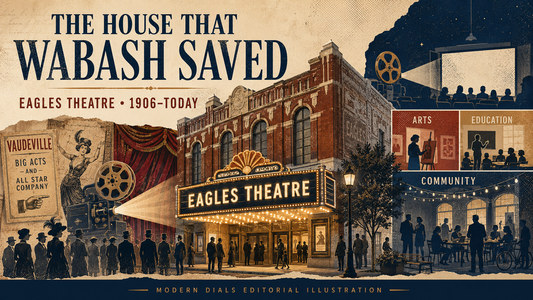 Modern Dials editorial illustration of Eagles Theatre in Wabash, Indiana, connecting its vaudeville past with film, arts, education, and community life