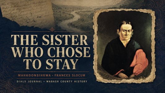 Modern Dials Journal collage titled The Sister Who Chose to Stay, incorporating George Winter’s public-domain 1839 portrait of Mahkoonsihkwa, also known as Frances Slocum, beside a symbolic Mississinewa River map.