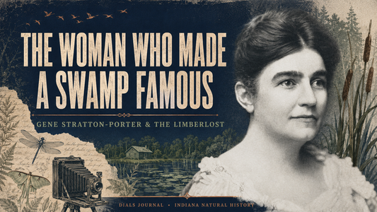 Public-domain portrait of Gene Stratton-Porter in a modern Dials Journal editorial collage with Limberlost wetland, moth, birds, camera, and the title The Woman Who Made a Swamp Famous