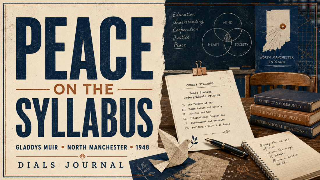 Modern Dials Journal illustration of a 1948 classroom desk, peace studies syllabus, paper dove, and Indiana map for Gladdys Muir’s North Manchester legacy