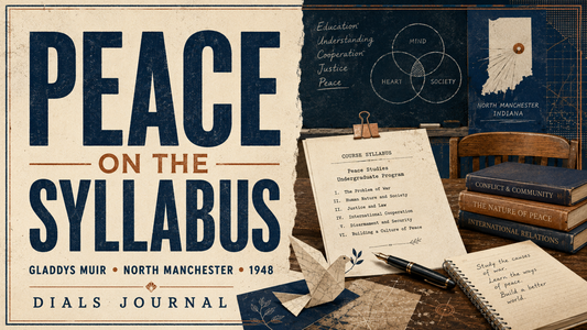 Modern Dials Journal illustration of a 1948 classroom desk, peace studies syllabus, paper dove, and Indiana map for Gladdys Muir’s North Manchester legacy
