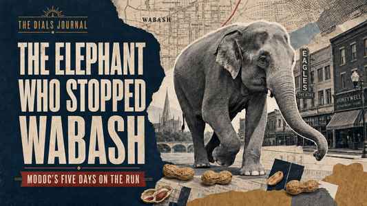 Modern Dials Journal editorial collage of Modoc the elephant walking through downtown Wabash, Indiana, with the title The Elephant Who Stopped Wabash