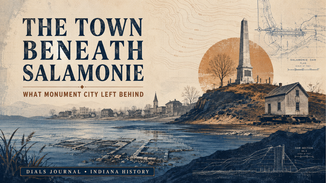 Modern Dials Journal editorial illustration of Monument City beneath Salamonie Lake, with exposed foundations, a relocated house, memorial obelisk, reservoir contours, and the title The Town Beneath Salamonie.