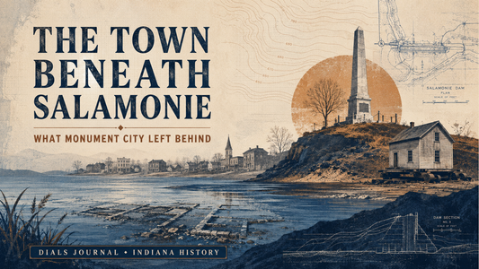 Modern Dials Journal editorial illustration of Monument City beneath Salamonie Lake, with exposed foundations, a relocated house, memorial obelisk, reservoir contours, and the title The Town Beneath Salamonie.