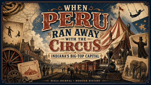 Modern Dials Journal editorial illustration of Peru, Indiana’s circus era, showing a big top, circus train, performers, workers, wagon wheels and the title When Peru Ran Away with the Circus.