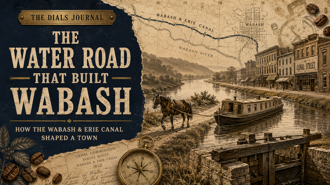 The Water Road That Built Wabash — modern Dials Journal editorial collage of a canal boat, towpath horse, lock gate, and early Canal Street