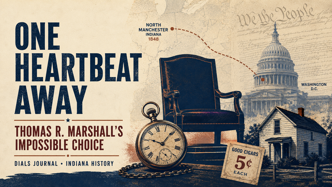 Modern Dials Journal editorial illustration titled One Heartbeat Away, featuring a vice-presidential chair, pocket watch, Capitol, North Manchester birthplace and five-cent cigar motif