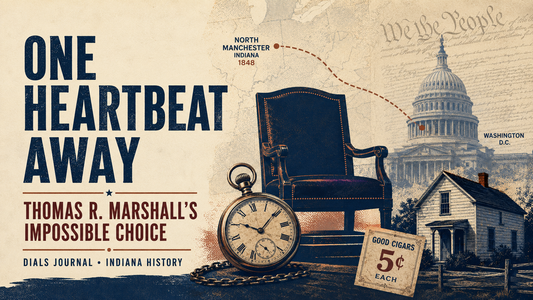 Modern Dials Journal editorial illustration titled One Heartbeat Away, featuring a vice-presidential chair, pocket watch, Capitol, North Manchester birthplace and five-cent cigar motif