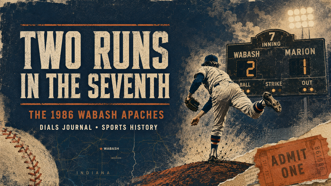 Modern Dials Journal editorial illustration of a high-school pitcher and a scoreboard reading Wabash 2, Marion 1, titled Two Runs in the Seventh