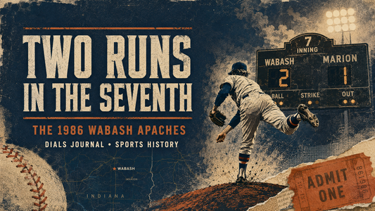 Modern Dials Journal editorial illustration of a high-school pitcher and a scoreboard reading Wabash 2, Marion 1, titled Two Runs in the Seventh