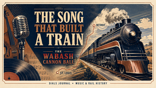 Modern Dials Journal editorial illustration of a radio microphone, fiddle, record, route motif, and vintage passenger train titled The Song That Built a Train: The Wabash Cannon Ball.