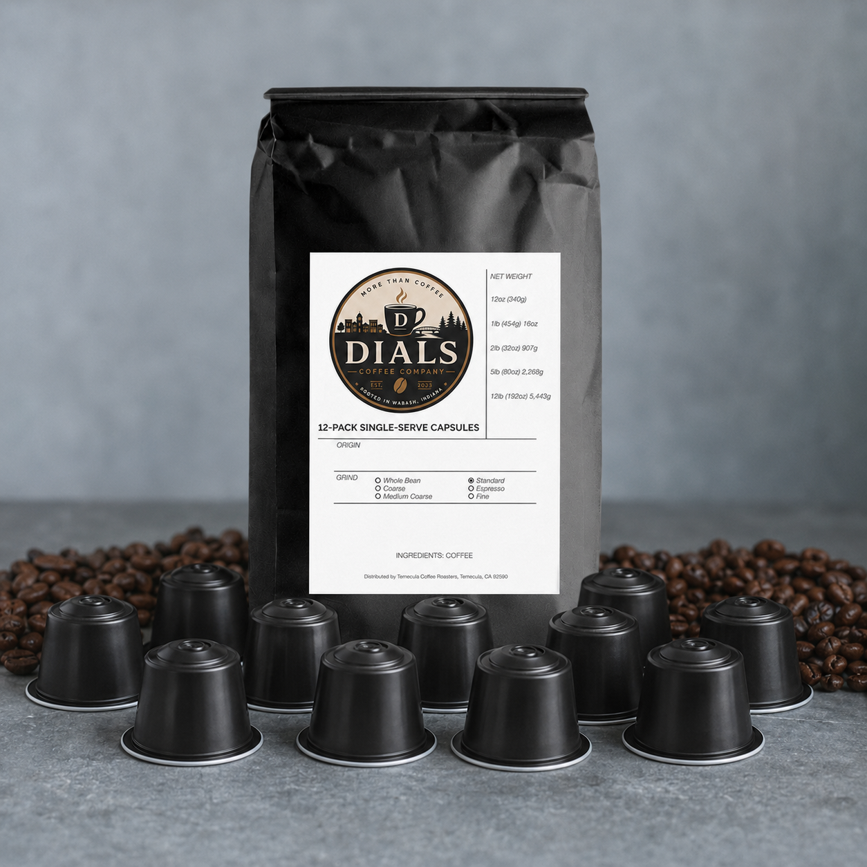 Dials Coffee Company 12-pack single-serve coffee capsules in branded fresh-seal packaging
