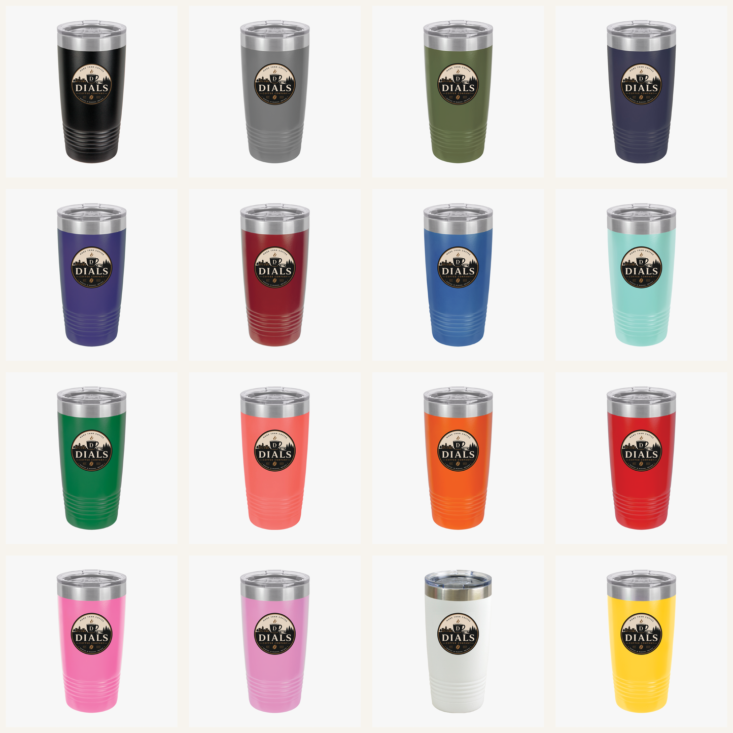 Dials Coffee Company 20 oz insulated tumbler color selection