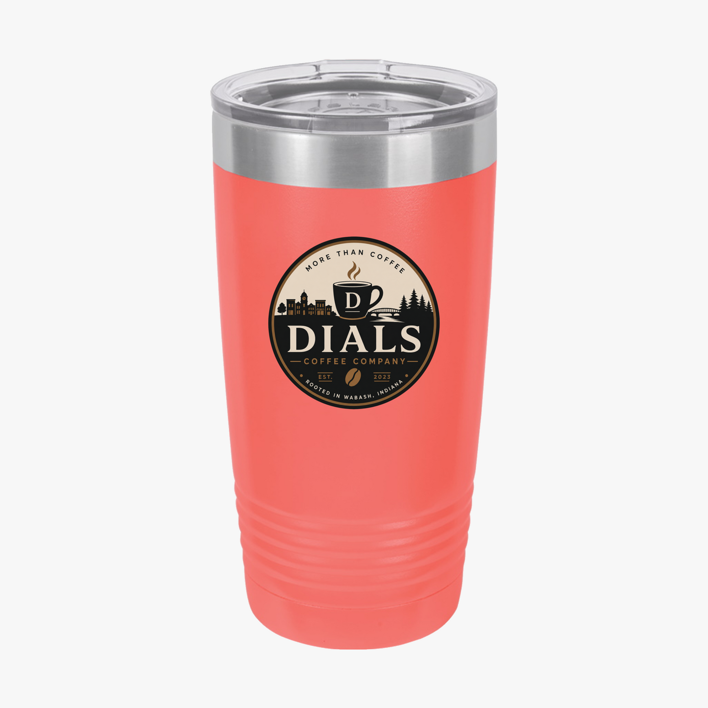 Coral Dials Coffee Company 20 oz insulated travel tumbler