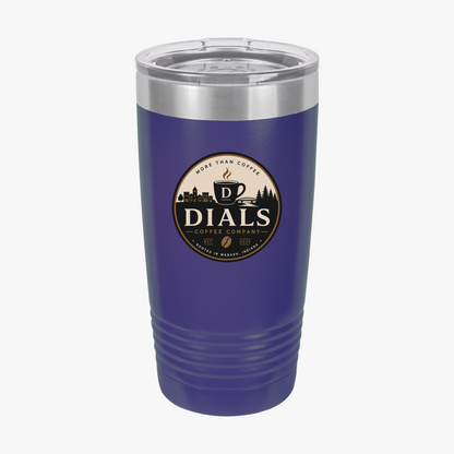 Dark Purple Dials Coffee Company 20 oz insulated travel tumbler