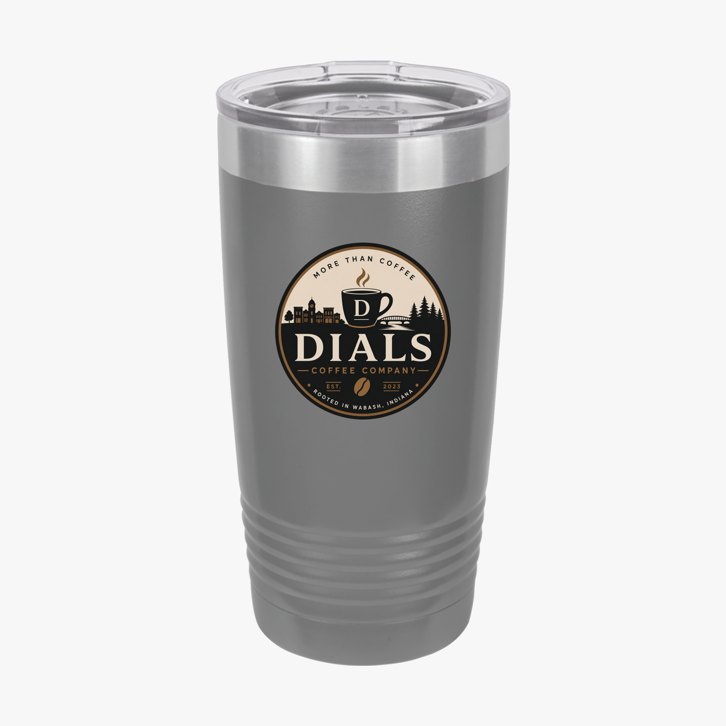 Iron Gray Dials Coffee Company 20 oz insulated travel tumbler