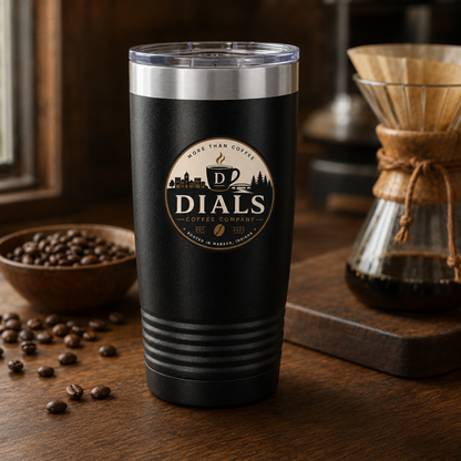 Black Dials Coffee Company 20 oz insulated tumbler on a warm coffee bar