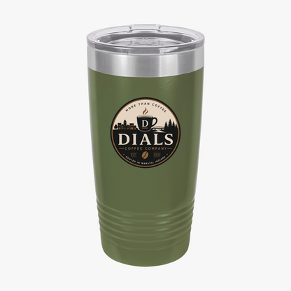 Olive Green Dials Coffee Company 20 oz insulated travel tumbler