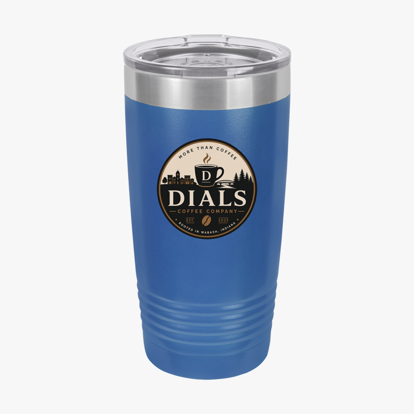 Royal Blue Dials Coffee Company 20 oz insulated travel tumbler