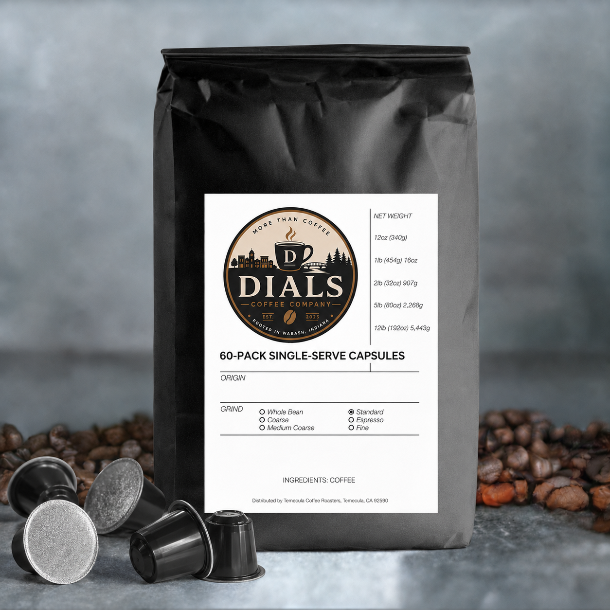 Dials Coffee Company 60-pack single-serve coffee capsules in branded fresh-seal packaging