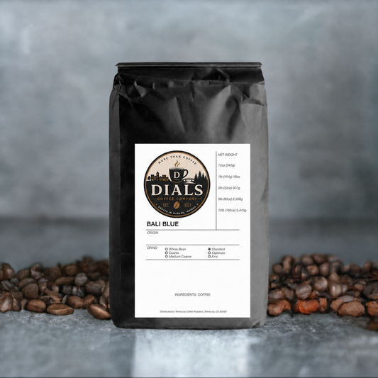 Dials Coffee Company Bali Blue in the finished black Dripshipper coffee bag