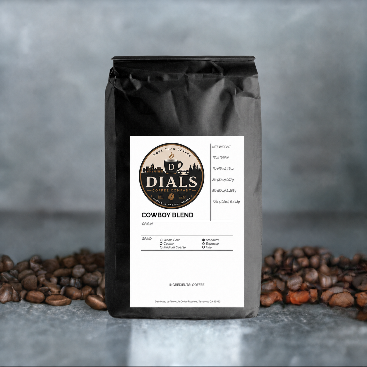 Dials Coffee Company Cowboy Blend in the finished black Dripshipper coffee bag