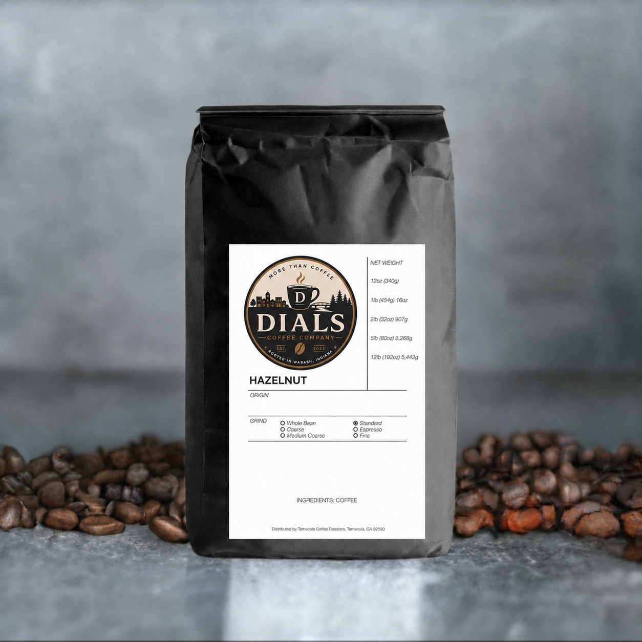 Dials Coffee Company Hazelnut flavored coffee in the finished black Dripshipper bag